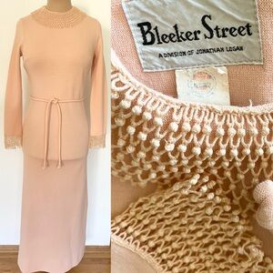Vintage 70s Maxi Dress *Medium* BLEEKER STREET Apricot Long Sleeve Knit Belted